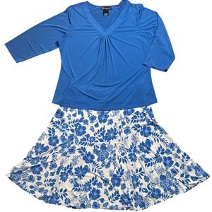 Susan Graver Style Skirt & Top Set Sz XL Blue 3/4 Sleeve Floral Print Women's